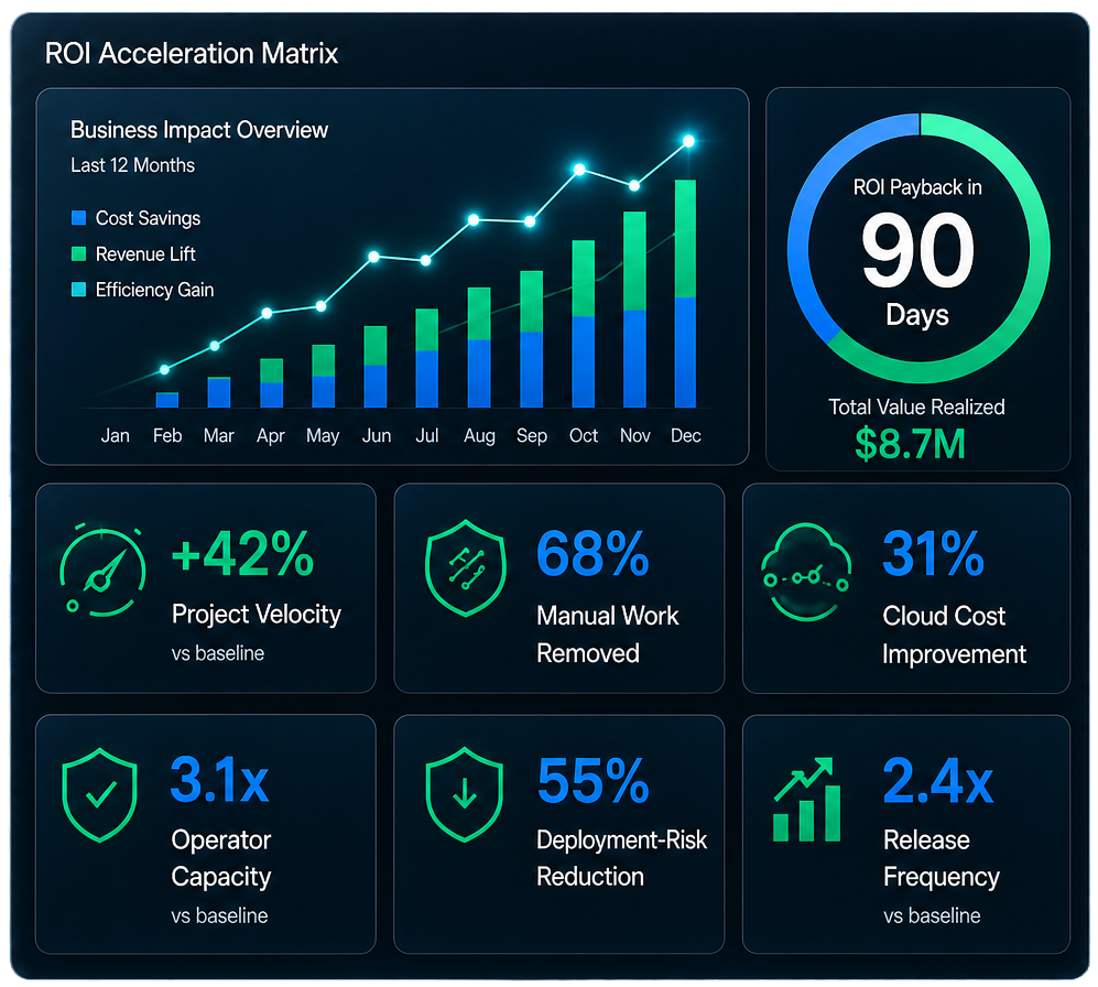 ROI acceleration matrix dashboard showing business impact metrics